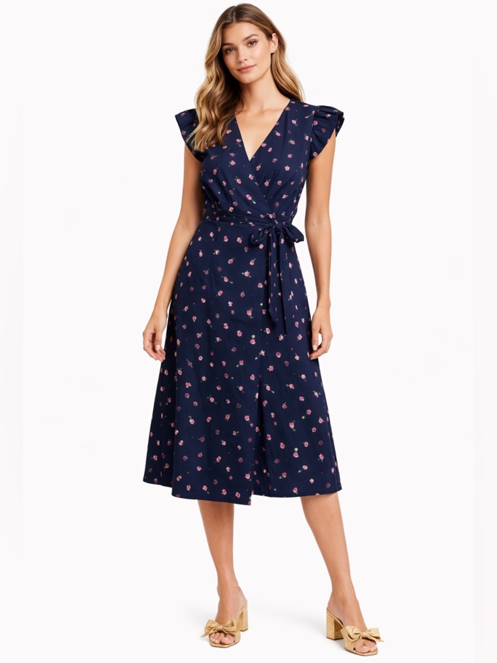 Rebecca Taylor Navy Blue Floral Midi Wrap Dress Ruffle Cap Sleeve Size 0